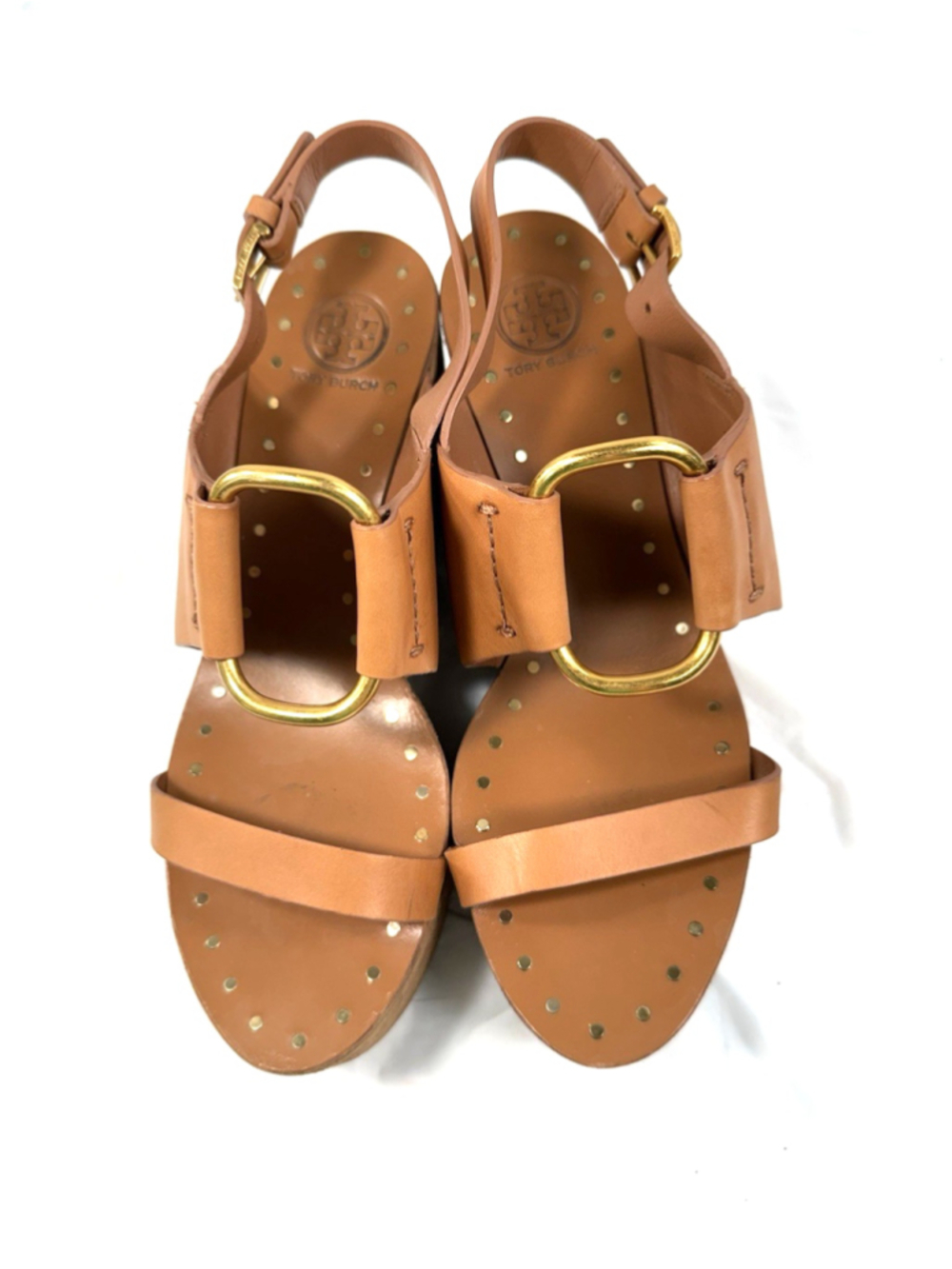 Tory Burch Ravello Tan Leather O-Ring Studded Platform Wedge Sandal size 7 - Picture 1 of 15